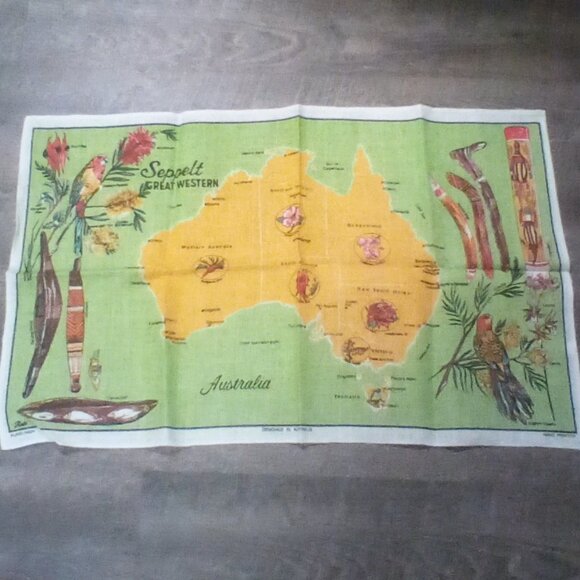 Vintage Ross AUSTRALIA Linen Kitchen Tea Towel Hand Printed Map 19” x 30” NEW - Picture 1 of 5